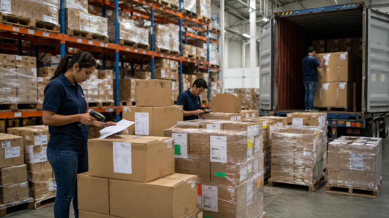 Equipo de almacén consolidando mercancías de varios proveedores para su envío