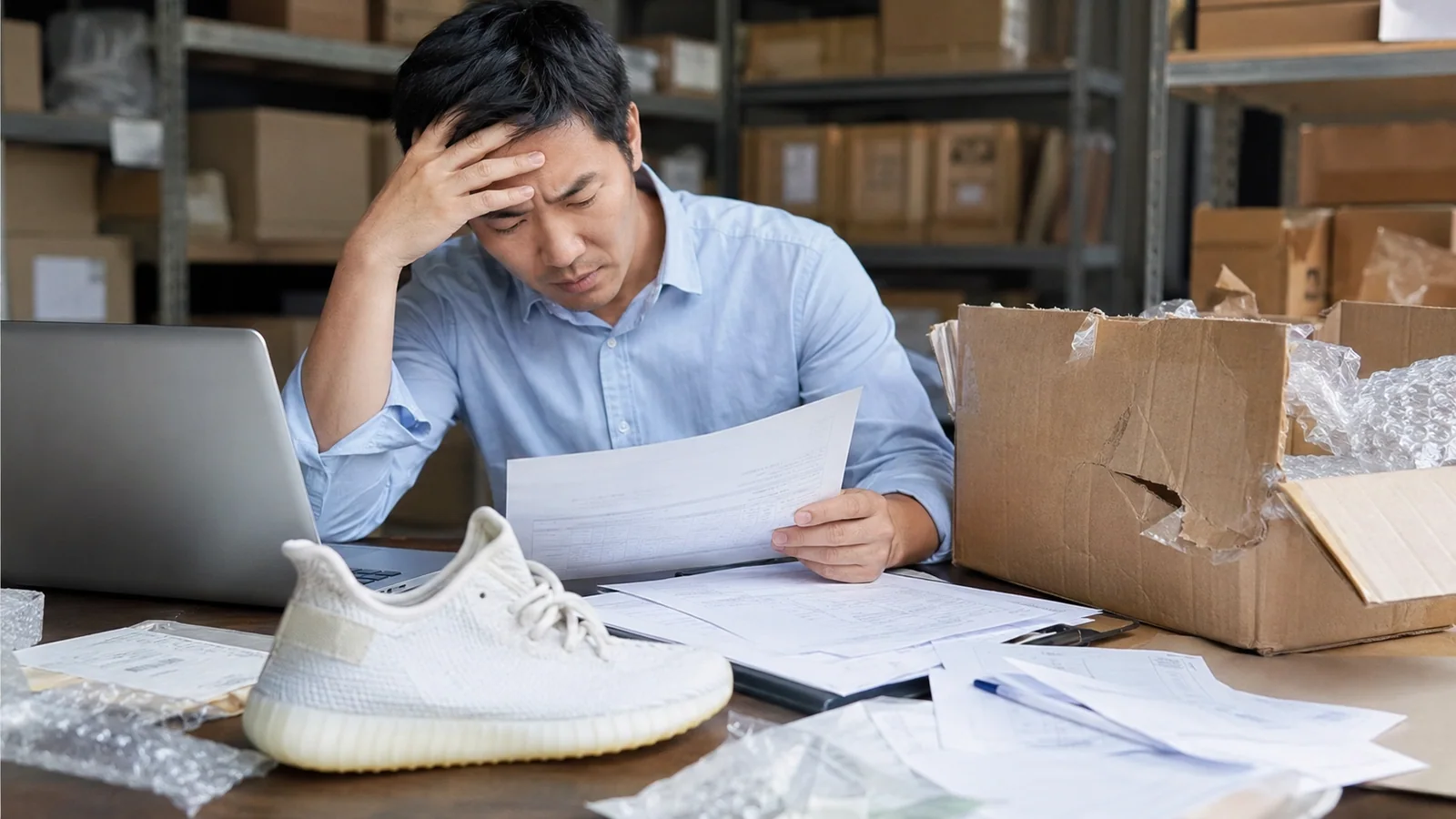 Importador revisando problemas comunes de productos, embalaje y documentos